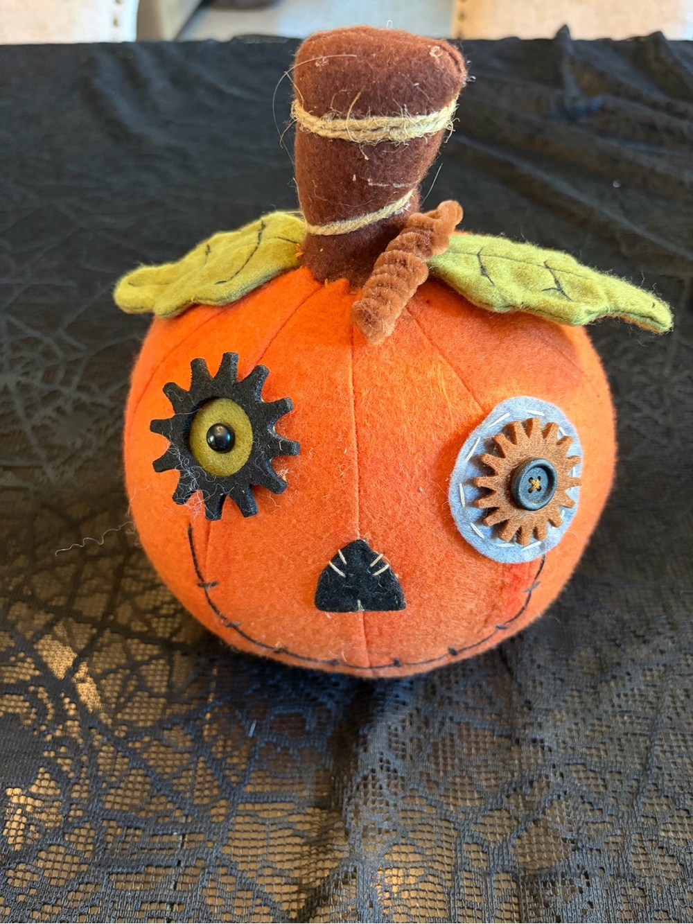 Steampunk Orange Felt Pumpkin Accent with Green Leaves
